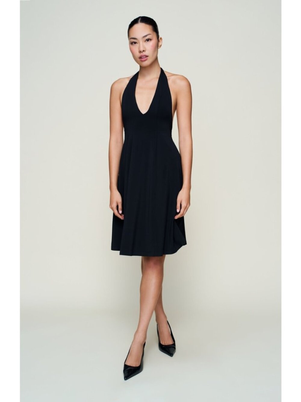 Ann Taylor Dress Size 4 Petites Black Midi Halter V Neck Pleated Waist